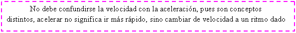 Cuadro de texto: No debe confundirse la velocidad con la aceleración, pues son conceptos distintos, acelerar no significa ir más rápido, sino cambiar de velocidad a un ritmo dado